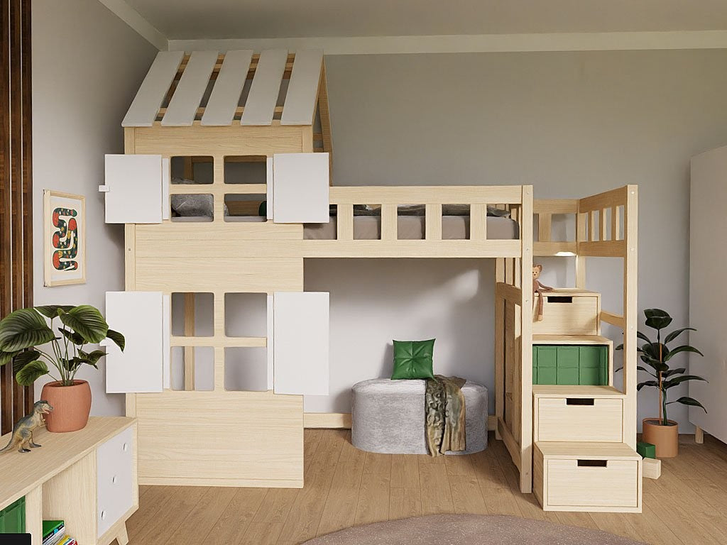 COTTAGE Loft Bed with Half Roof and Storage Stairs – 90x200 cm