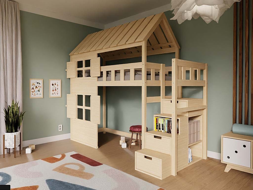 COTTAGE Raised House Bed with Full Roof and Storage Stairs – 90x200 cm